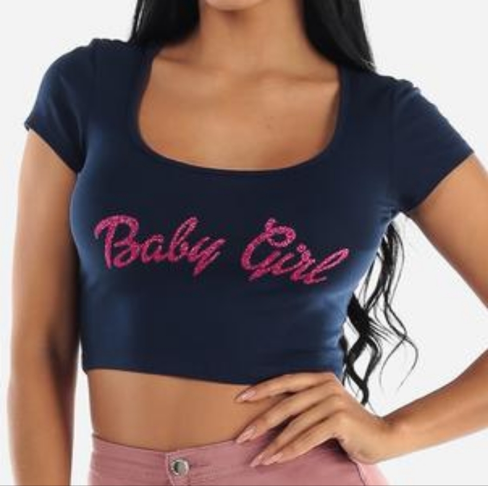 NEW! Navy Crop Top with Pink 'Baby Girl' Text